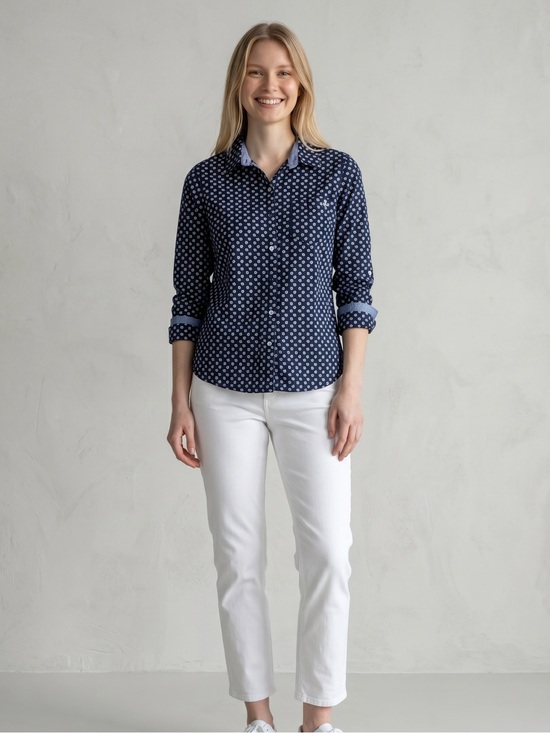 Tommy Hilfiger Tops - Tommy Hilfiger Floral Button Front Shirt Navy White Cotton Long Sleeve Preppy
